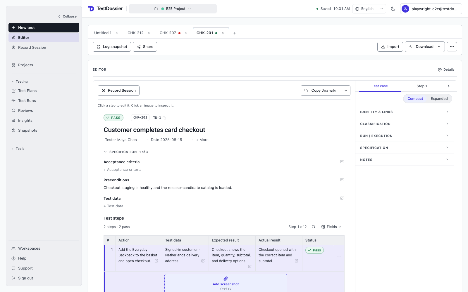 TestDossier editor showing a test case as a document with the Details rail beside it