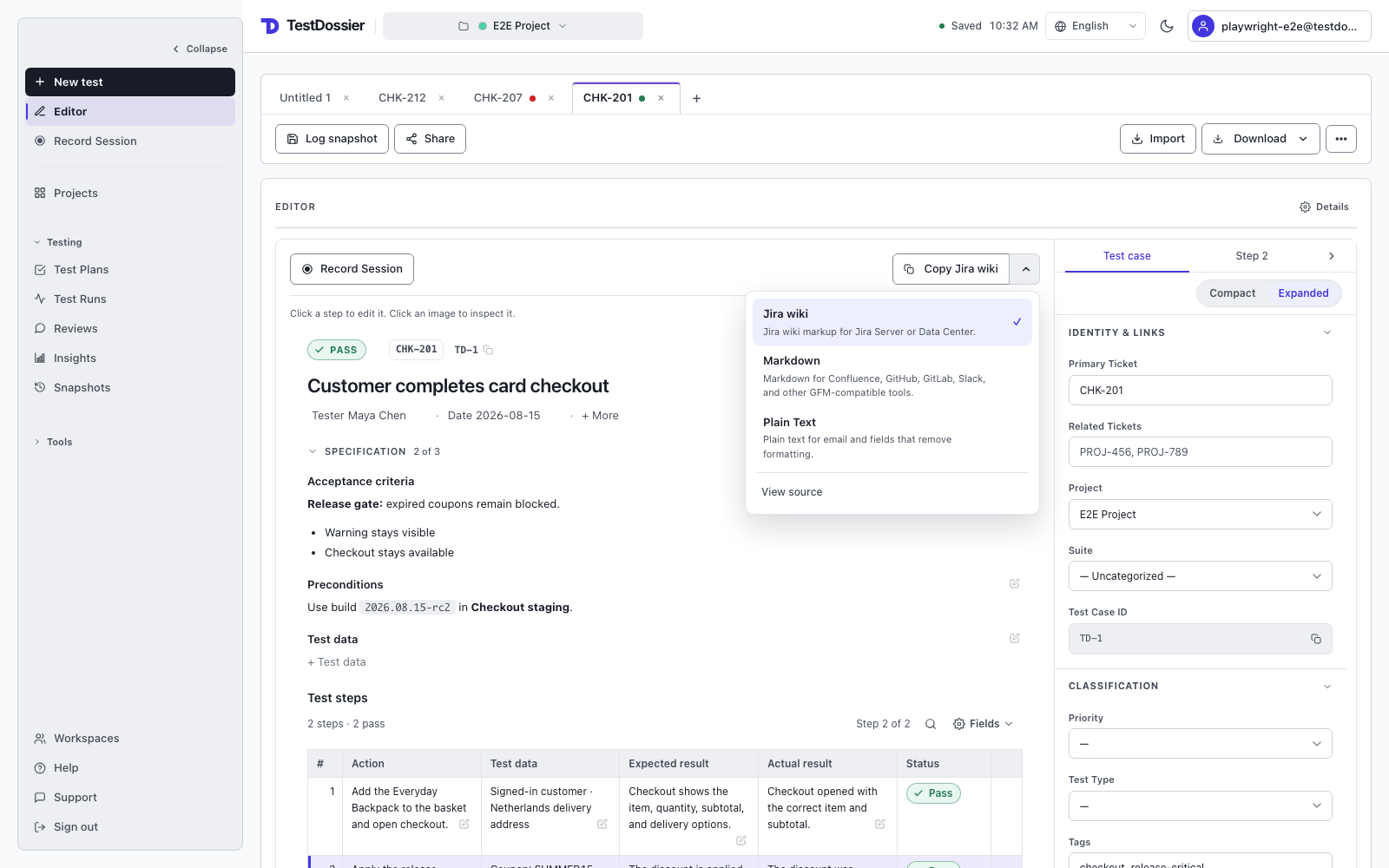 TestDossier editor with Markdown selected in the output panel beside the test case
