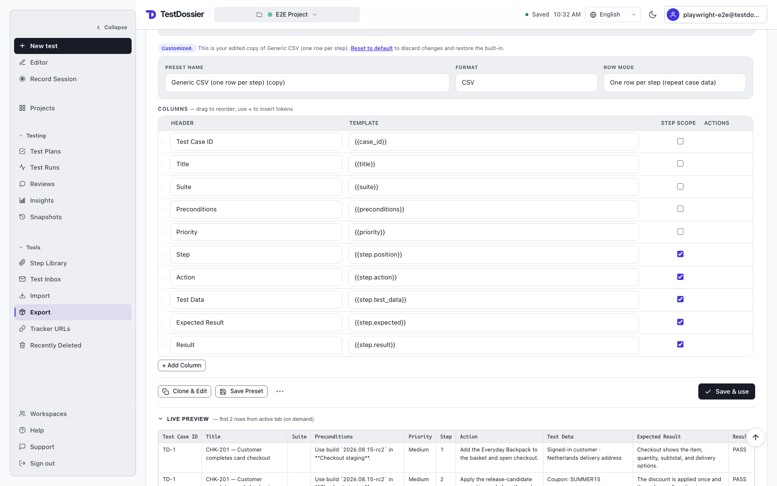 TestDossier Custom Export screen showing editable column mappings and the live output preview
