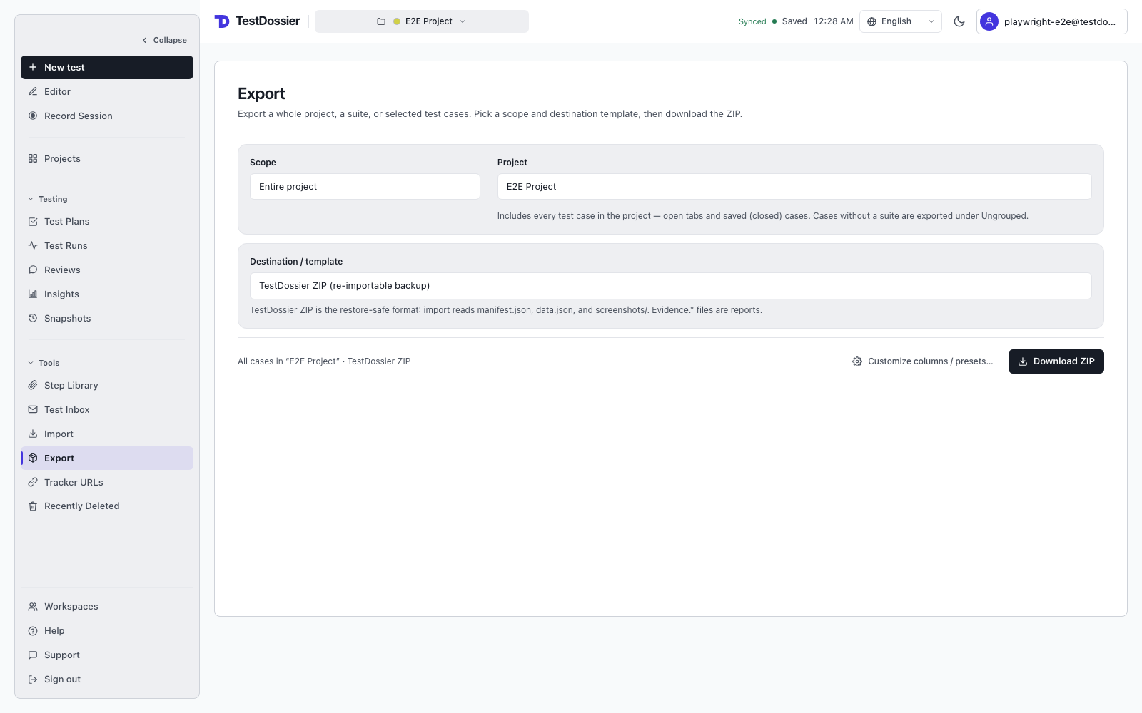 TestDossier Export screen showing project scope, format, and Download ZIP controls