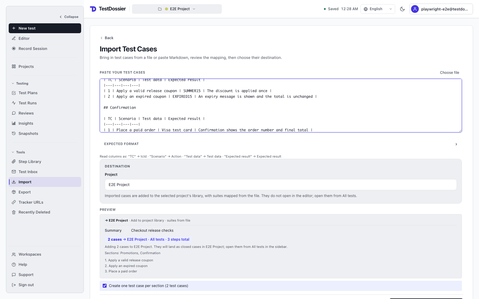 Import preview showing detected Markdown test cases and destination controls