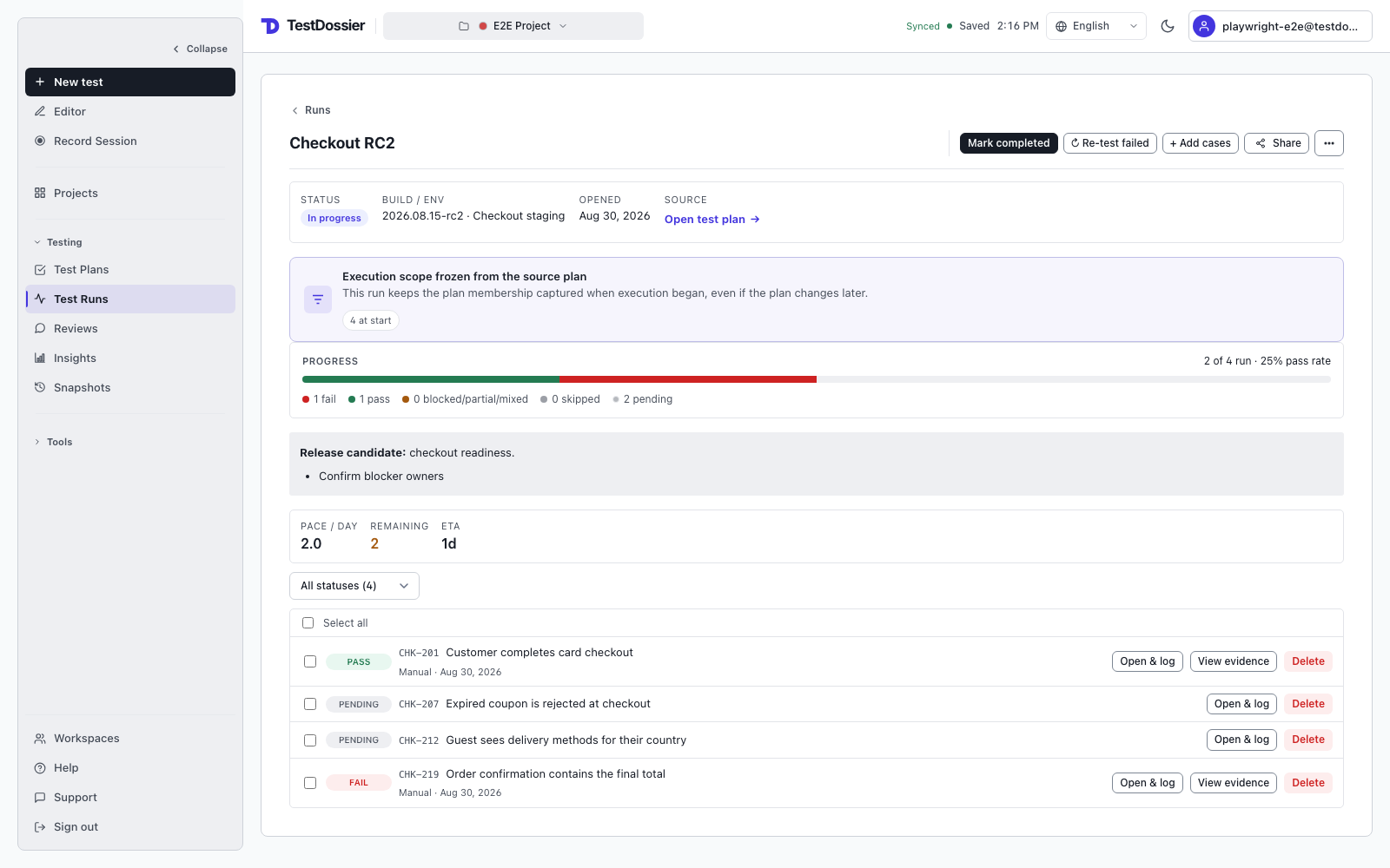 TestDossier Test Run detail showing execution status, progress, pass rate, and case results