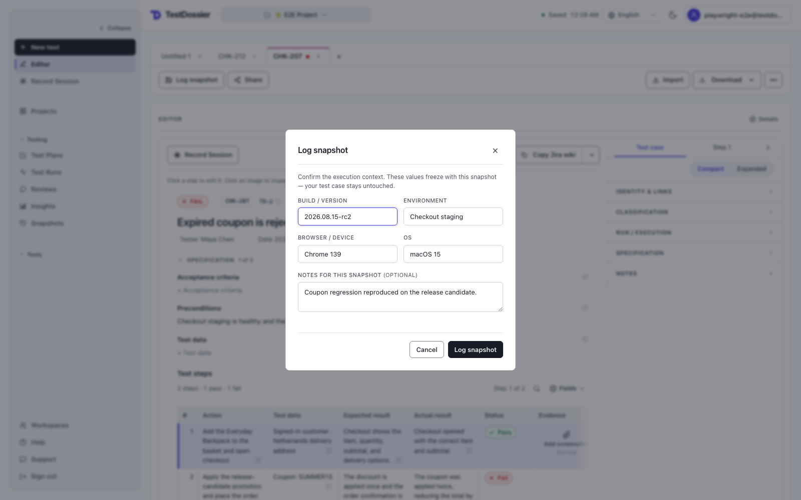 Log snapshot dialog with build, environment, browser, operating system, and notes fields