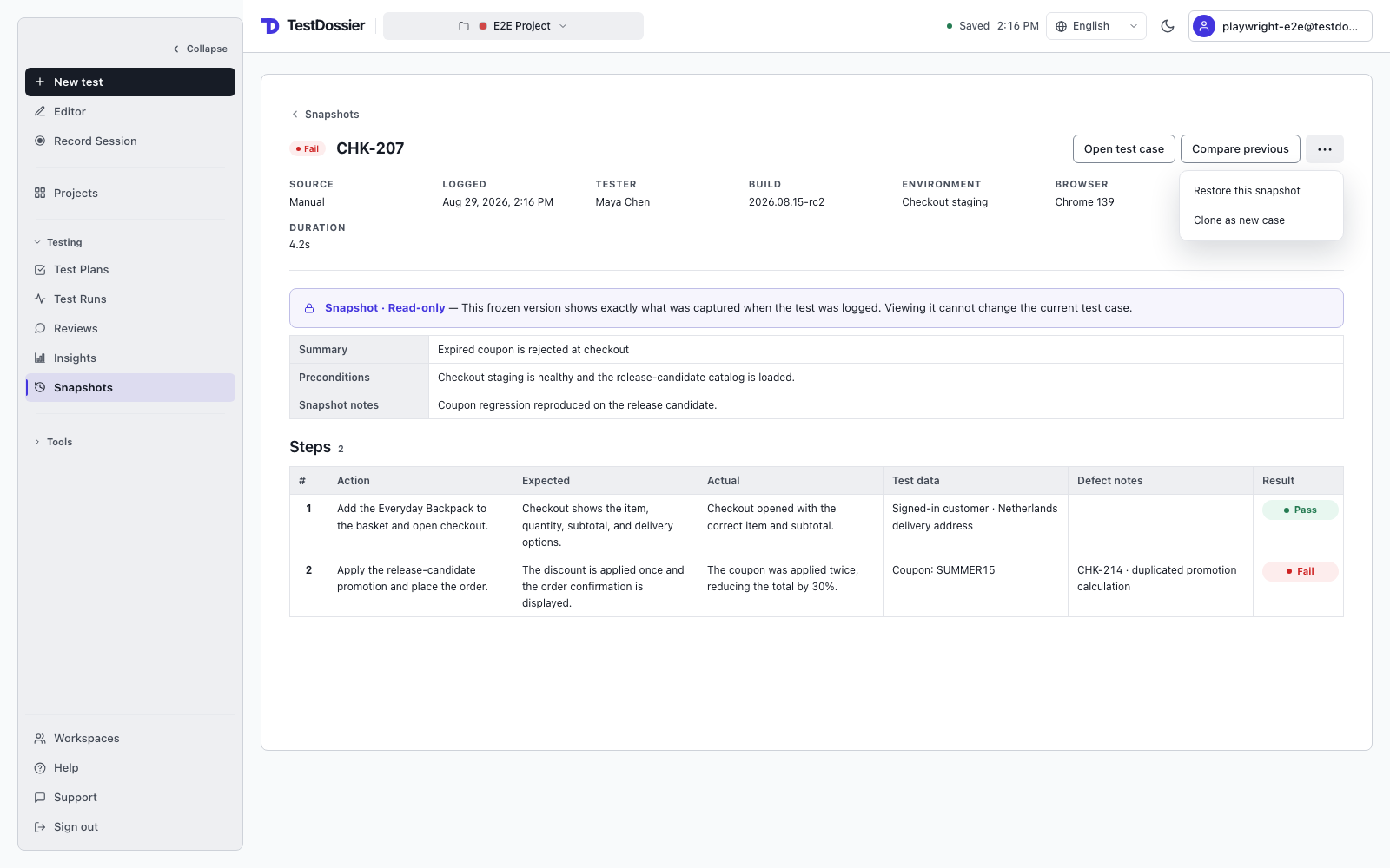 Read-only Snapshot mode showing frozen execution context, steps, and its action menu