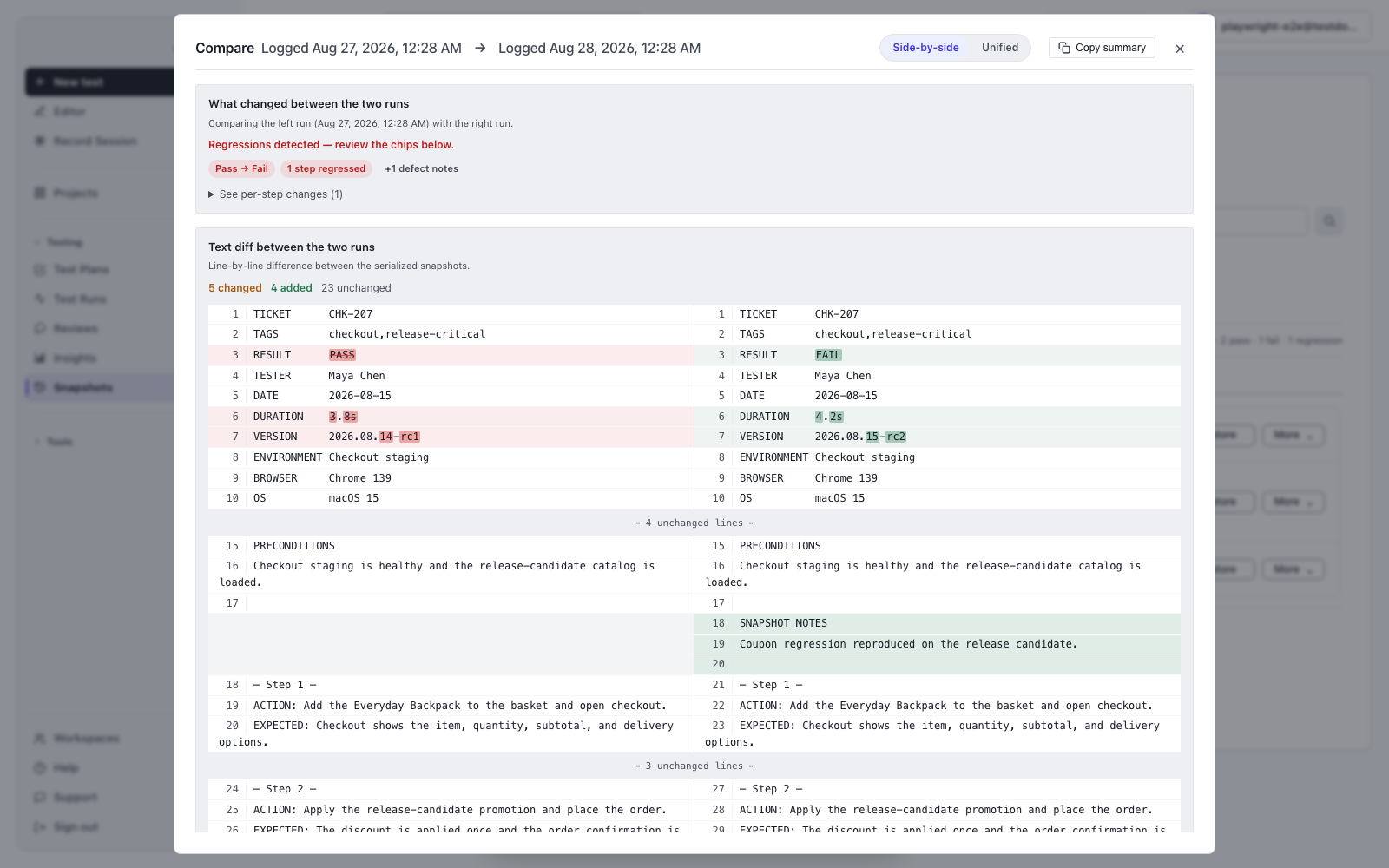 TestDossier snapshot comparison showing result chips and a side-by-side text diff