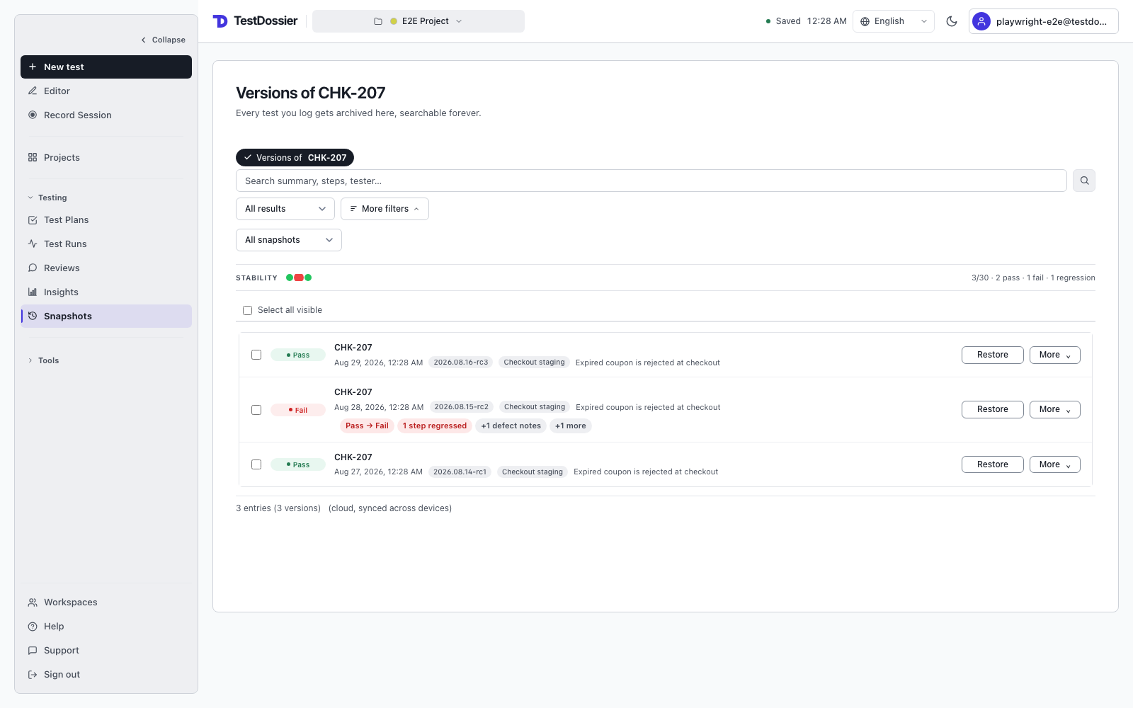 TestDossier Snapshots versions view showing stability and successive results for one test case