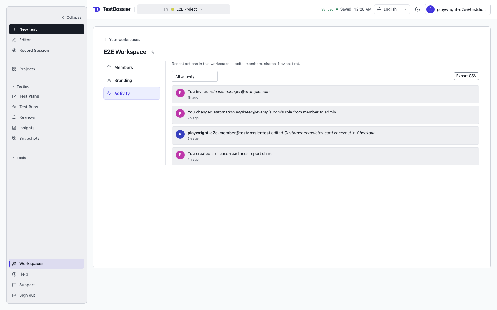TestDossier workspace Activity screen showing recent invitations, role changes, edits, and shares