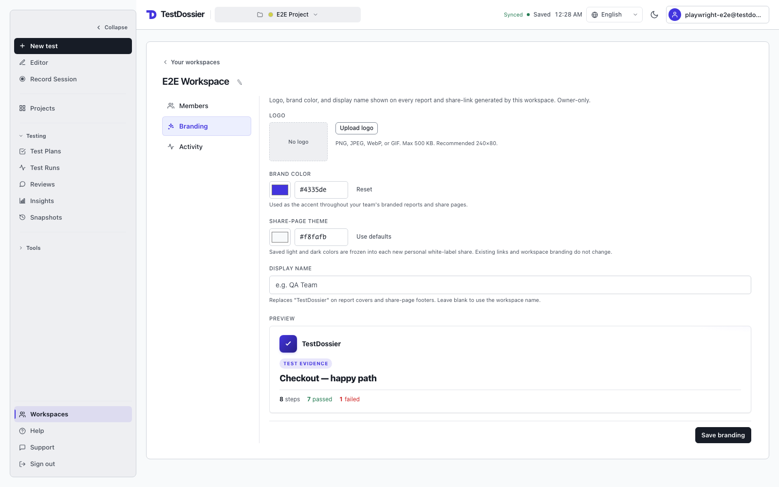 TestDossier workspace Branding screen showing logo, colors, display name, and report preview