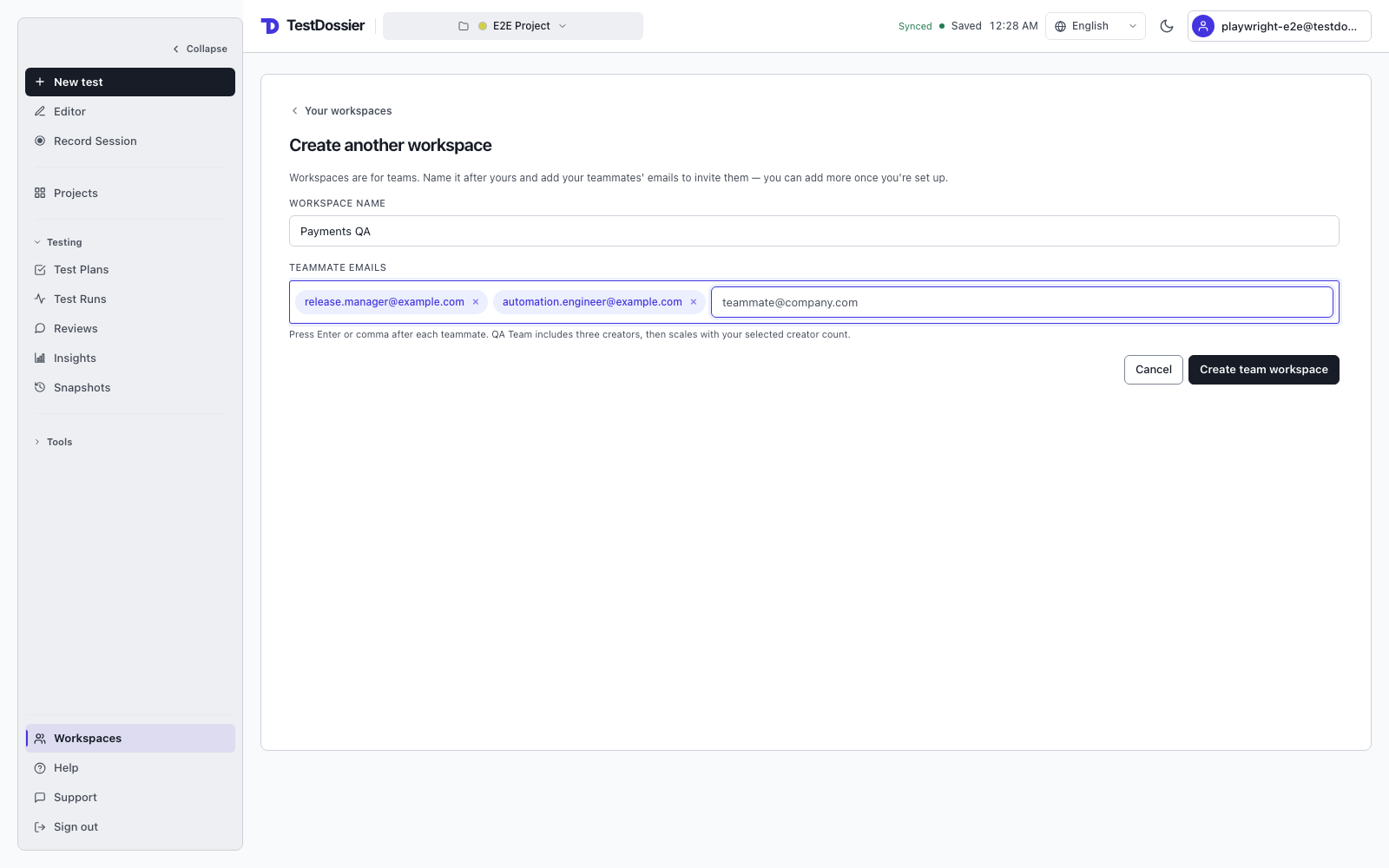 TestDossier Create workspace screen showing the workspace name and teammate email fields