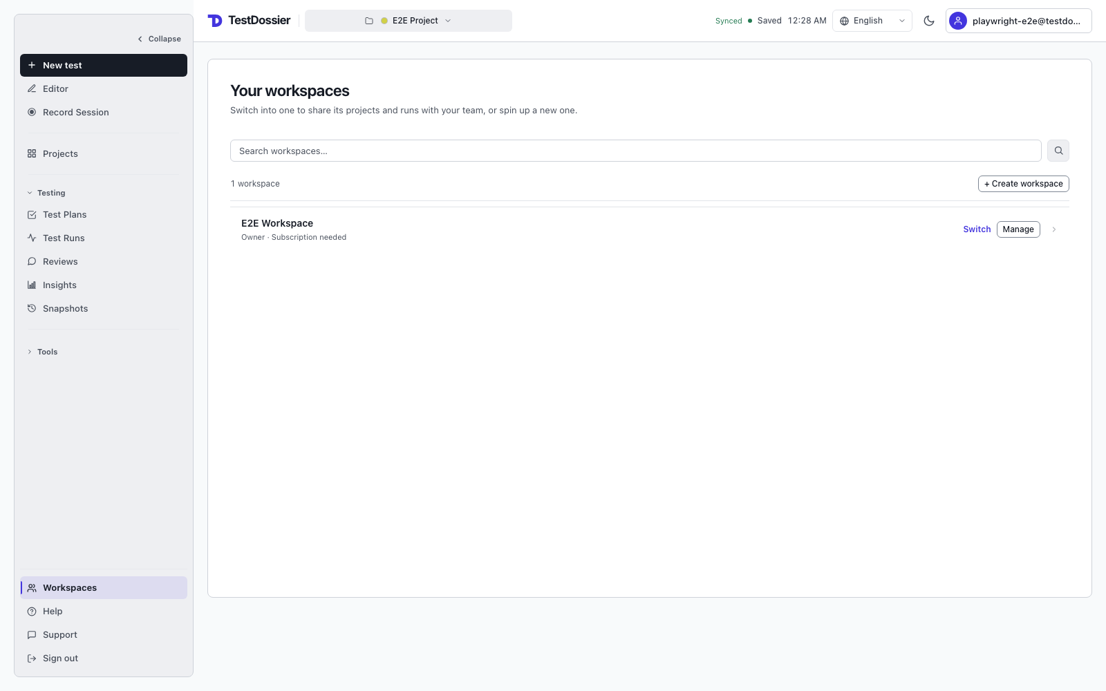 TestDossier Your workspaces screen with Switch, Manage, and Create workspace actions