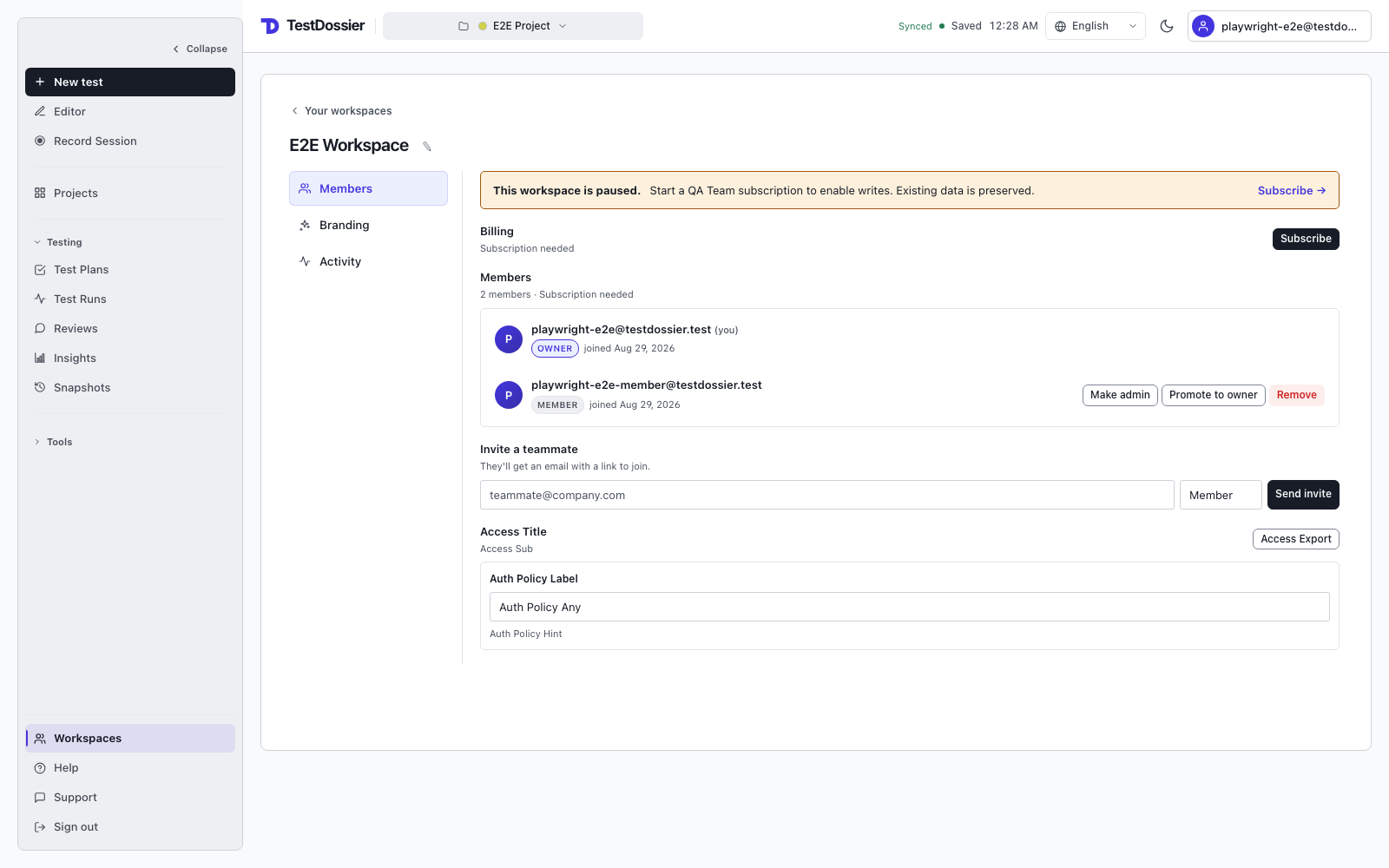 TestDossier workspace Members screen showing member roles, role controls, and the invitation form