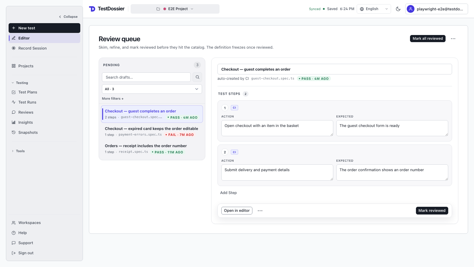 TestDossier CI Review queue with pending drafts on the left and editable case steps on the right