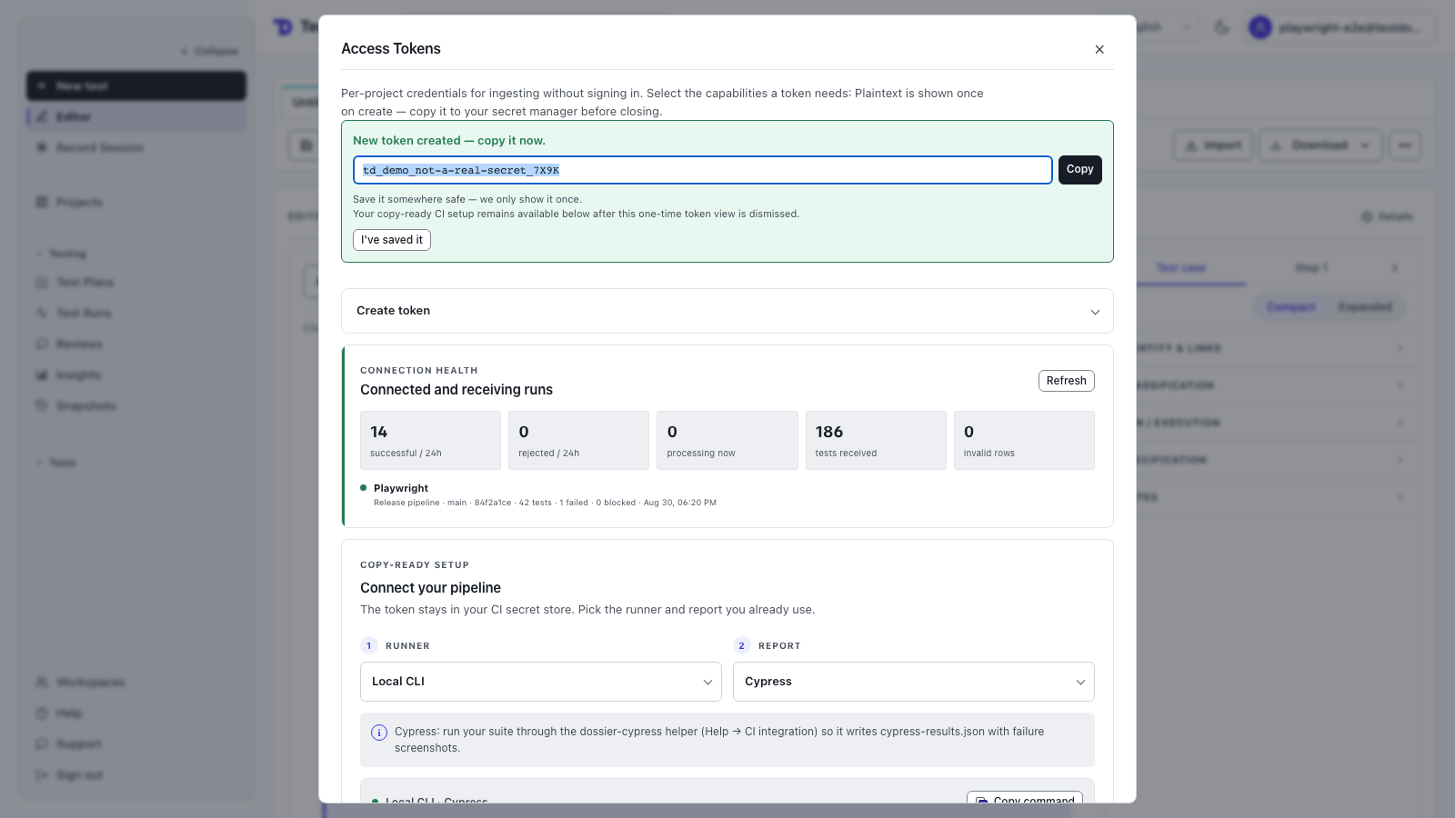 CI access token setup with the generated upload command